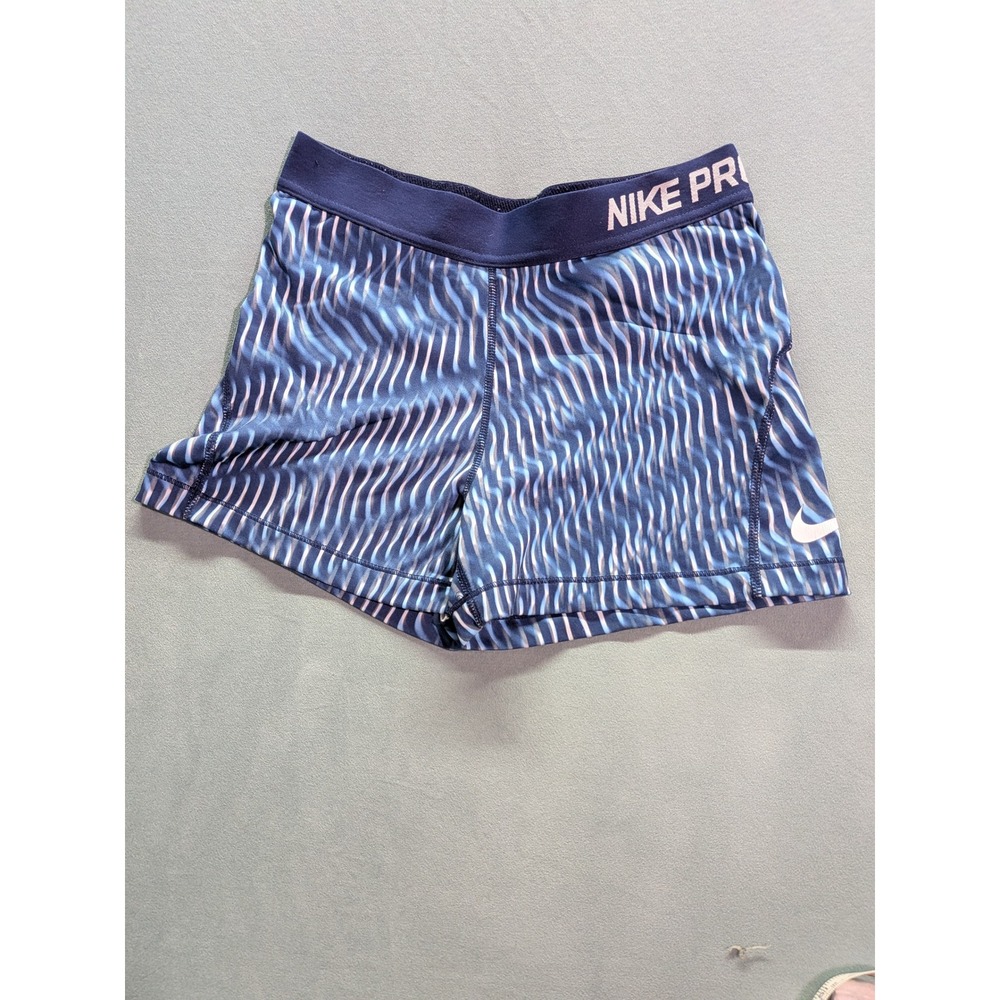 Nike Pro Dri-FIT Women Blue Wavy Geometric Print Compression Shorts Size M